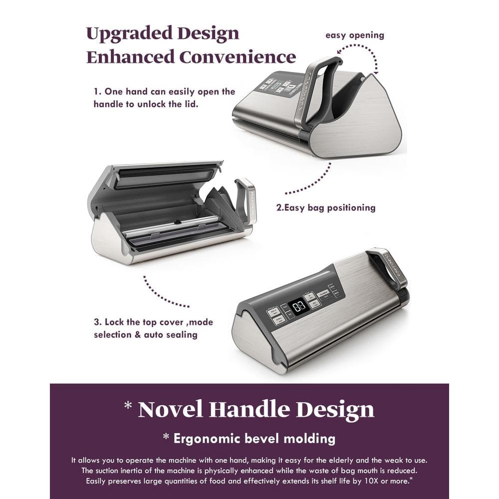 Vacuum Sealer Machine 95kPa140W Powerful Food Sealer, 2 Seal Strip with Build-in Cutter & Countdown Display in Silver - Hercitys