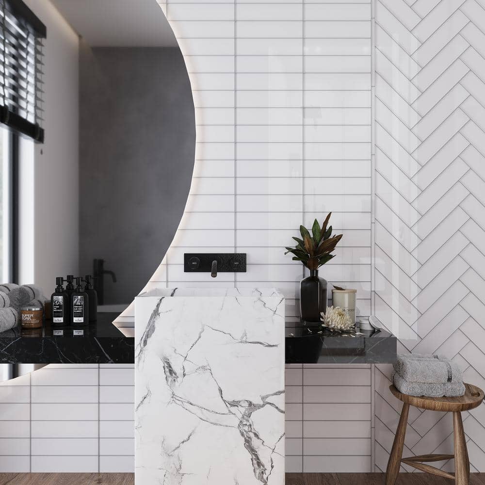 White 3 in. x 12 in. Polished Glass Mosaic Floor and Wall Tile (5 sq. ft./Case) - Hercitys