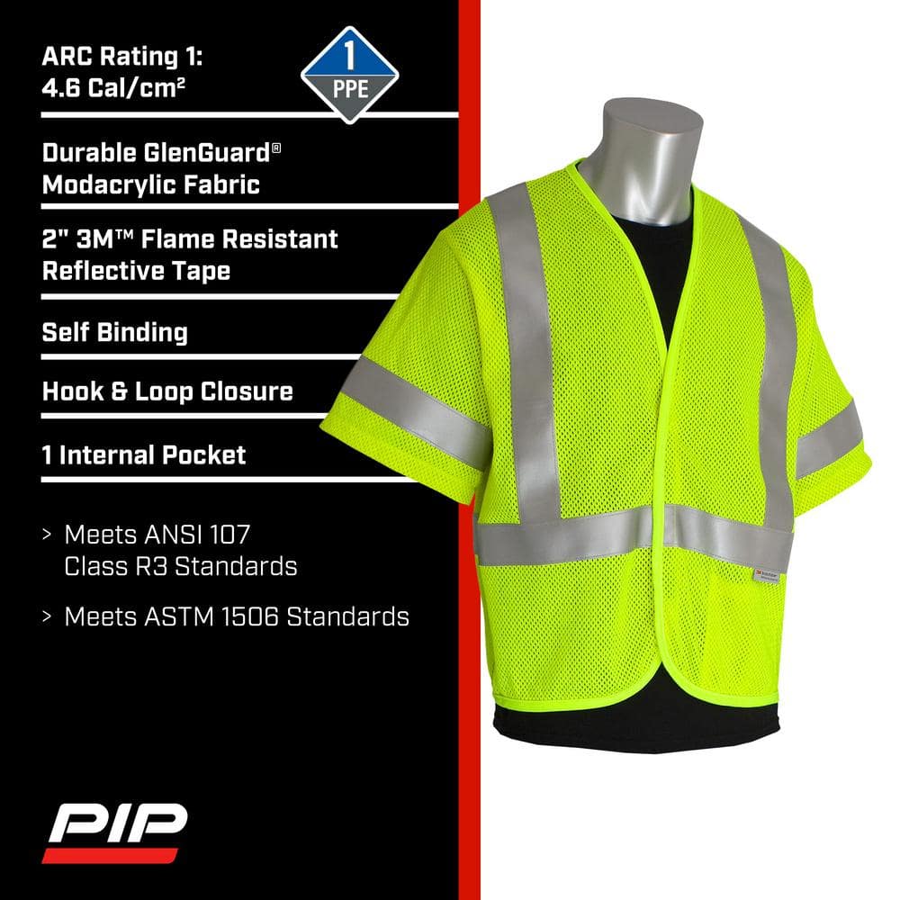 Men’s 2X-Large Hi Vis Yellow ANSI Type R Class 3 AR/FR Mesh Vest with Reflective Tape and 1-Pocket, 4.6 cal/cm 2 - Hercitys