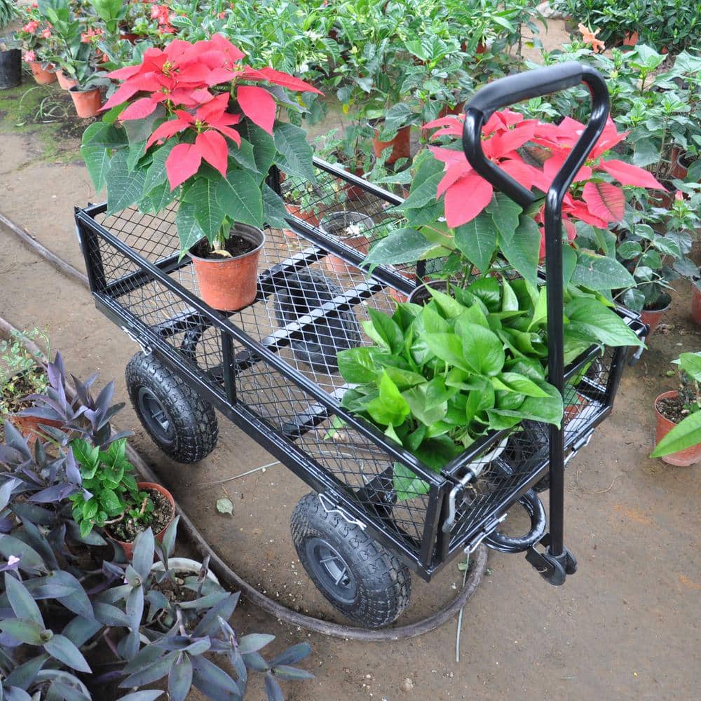 Black 3.6 cu. ft. Steel Garden Cart with Removable Sides and 180-Degree Rotating Handle - Hercitys