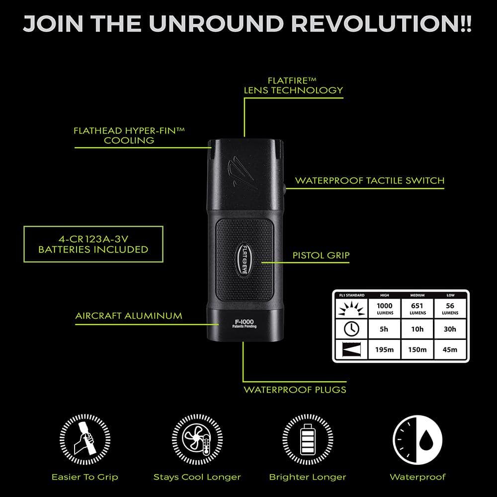 FLATEYE F-1000 High Performance 1000-Lumen Unround Flashlight CREE LED Multi Position Waterproof and Shockproof - Hercitys