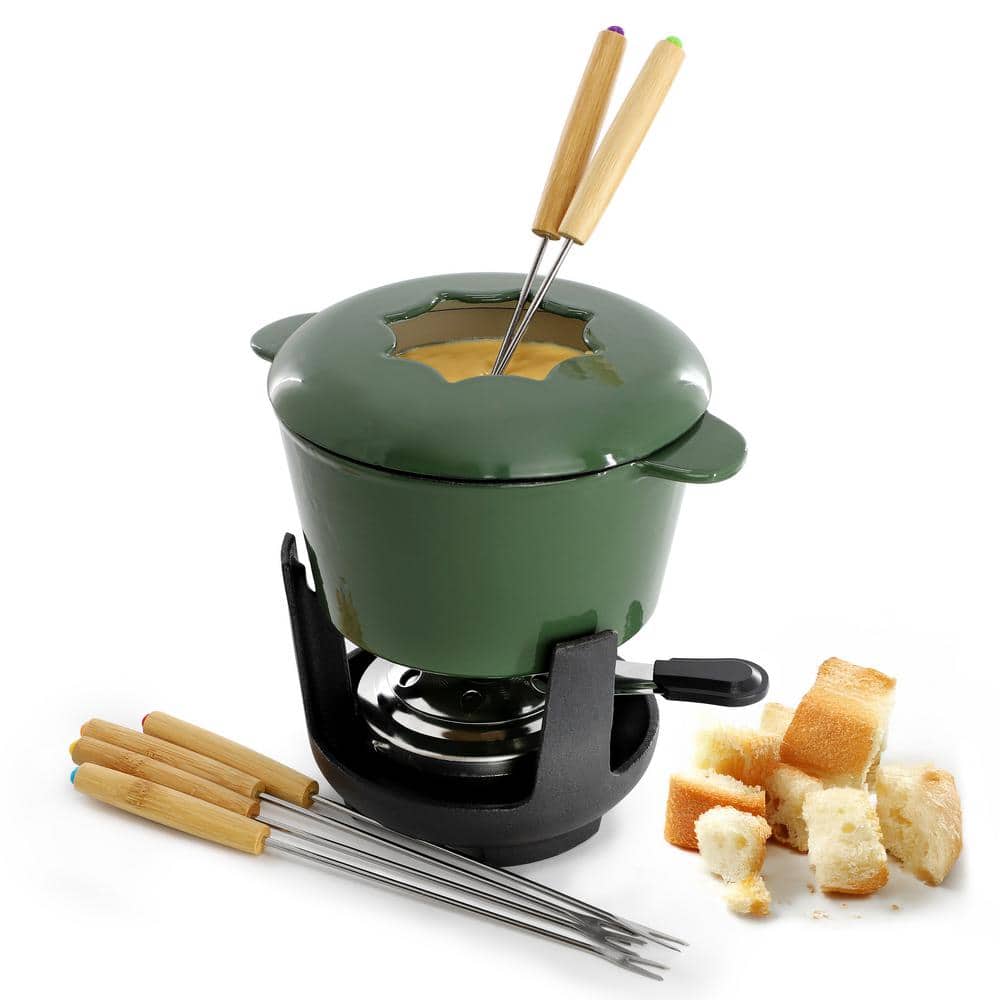 Enameled Cast Iron Fondue Pot with 6-Serving Forks in Green - Hercitys