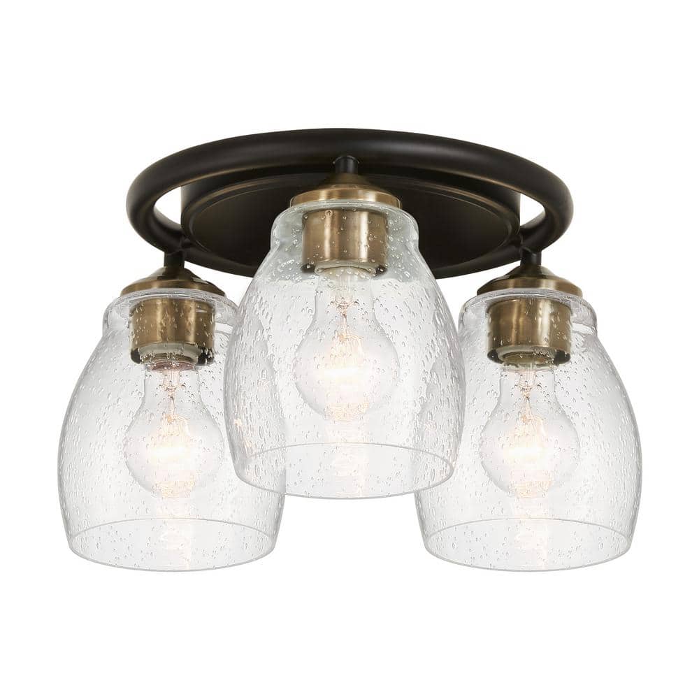 Winsley 15 in. 3-Light Black with Stained Brass Flush Mount with Clear Seeded Glass Shades - Hercitys