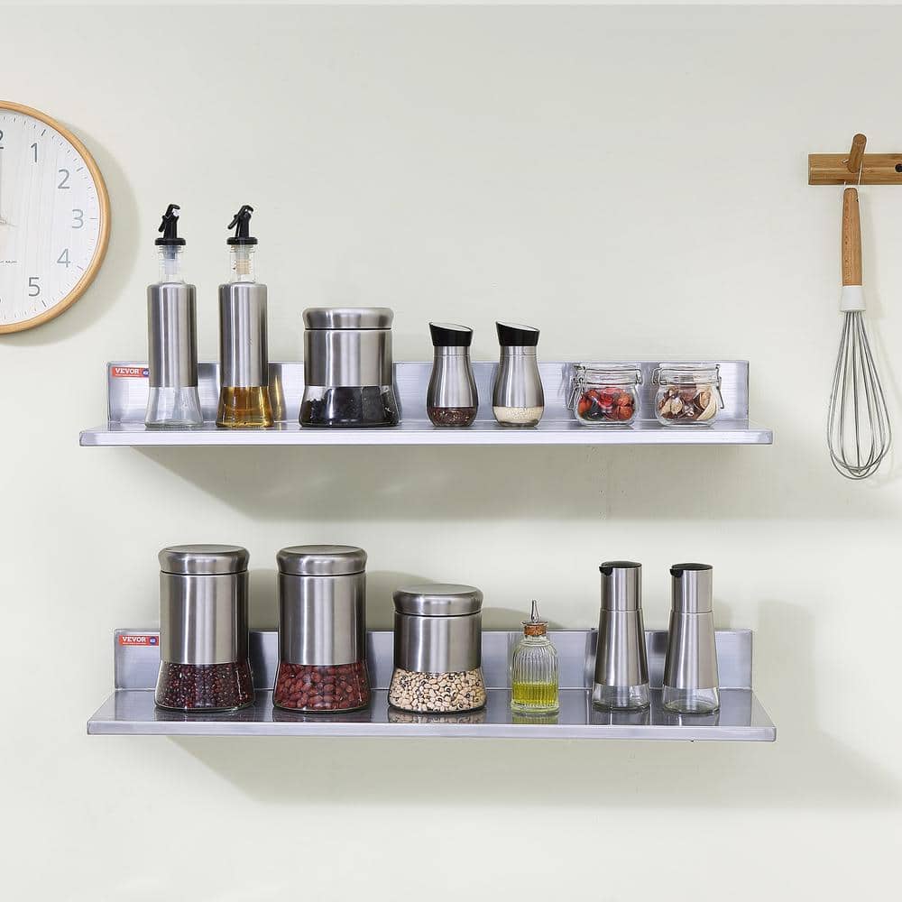 Stainless Steel Shelf 16 in. x 8.6 in. Wall Mounted Floating Shelving with Brackets Pantry Organizers, Silver - Hercitys