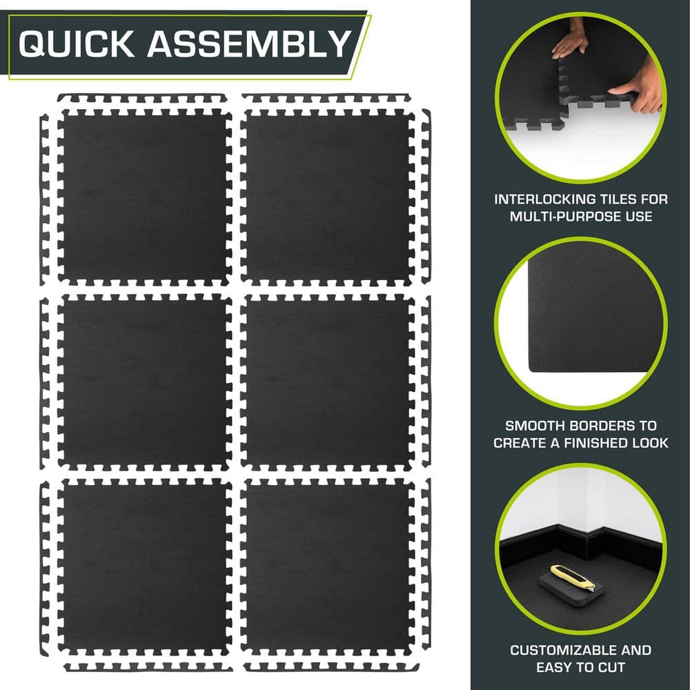 Black 24 in. W x 24 in. L x 0.75 in. T EVA Interlocking Foam Gym Flooring Mat (6 Tiles/Pack) (24 sq. ft. ) - Hercitys