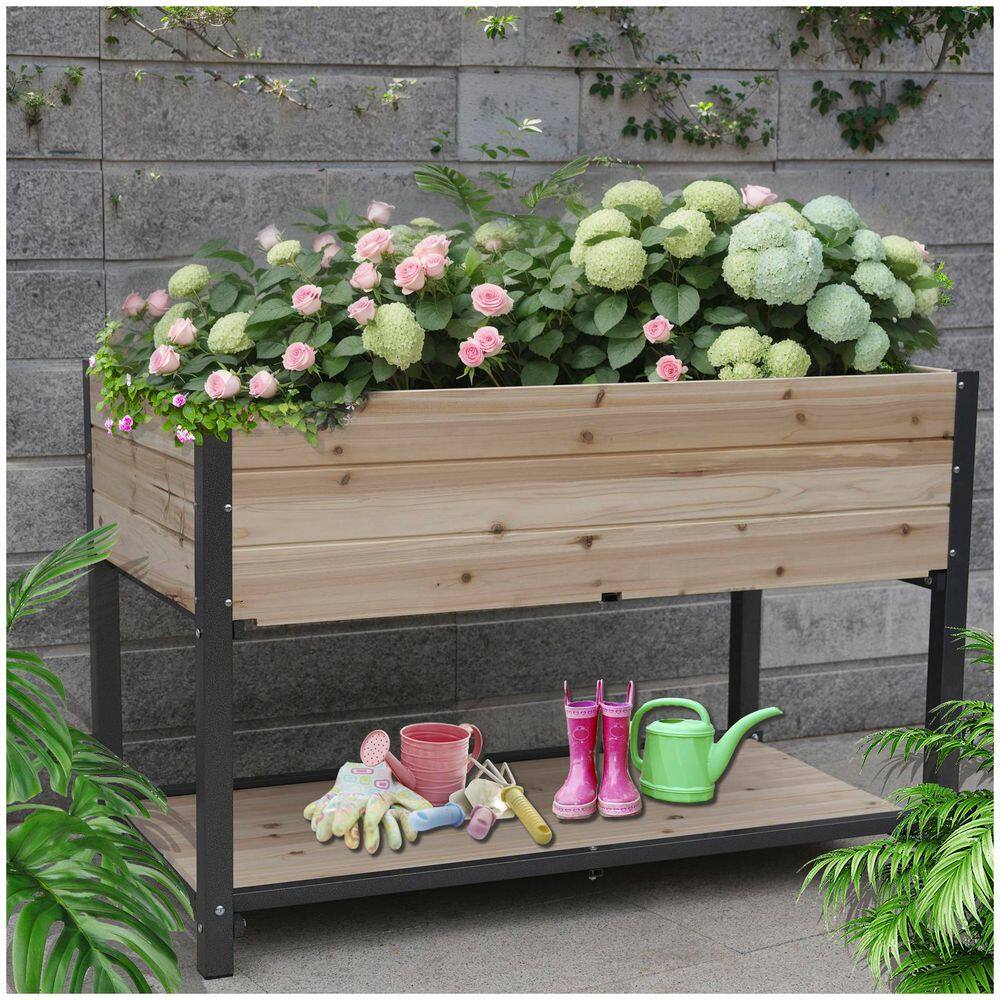 Iron and Wood Growing Beds 45 in. Elevated Planter with Storage Racks for Gardens Balconies and More - Hercitys
