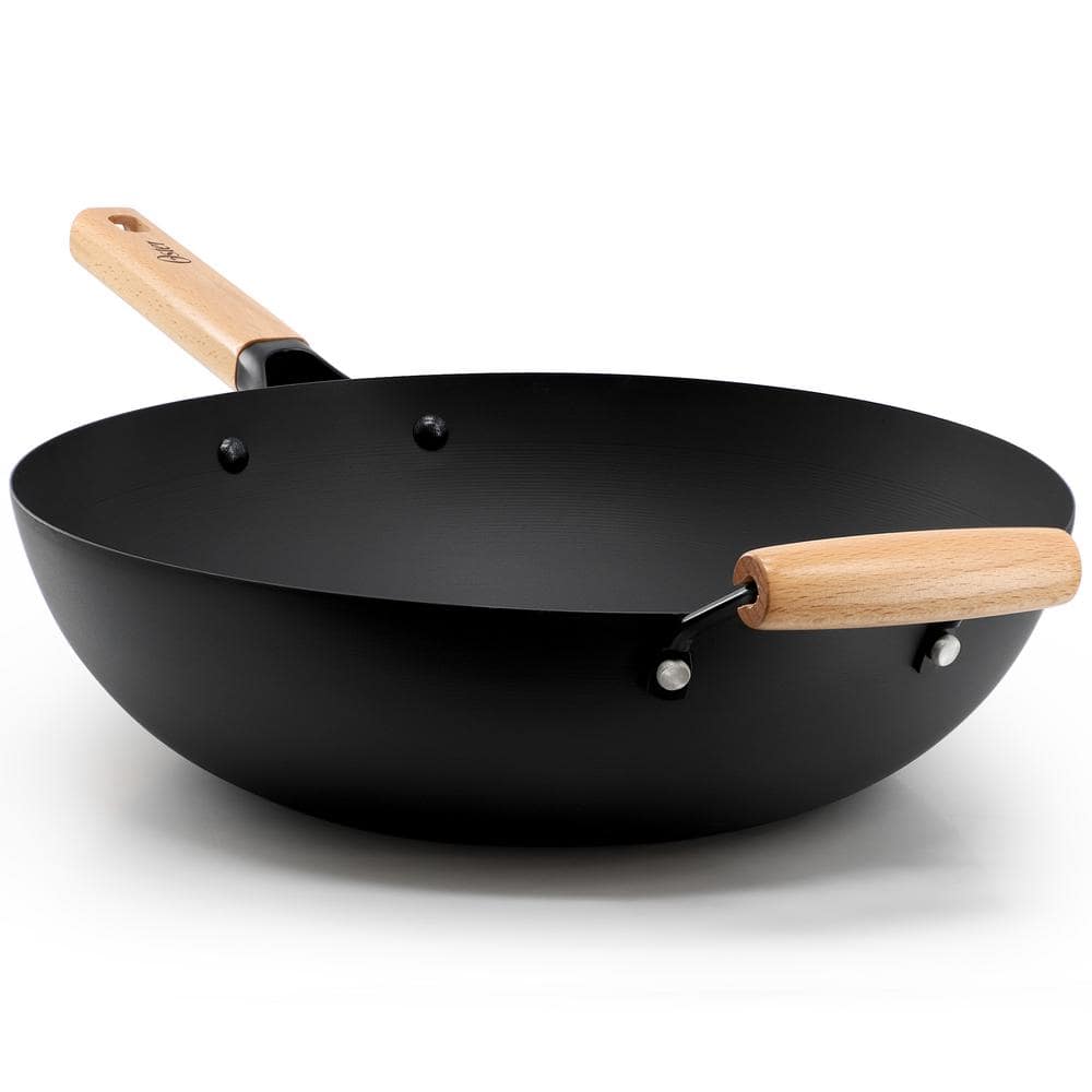 Northcliffe 13.5 in. Round Carbon Steel Flat Base Wok with Wooden Handles - Hercitys