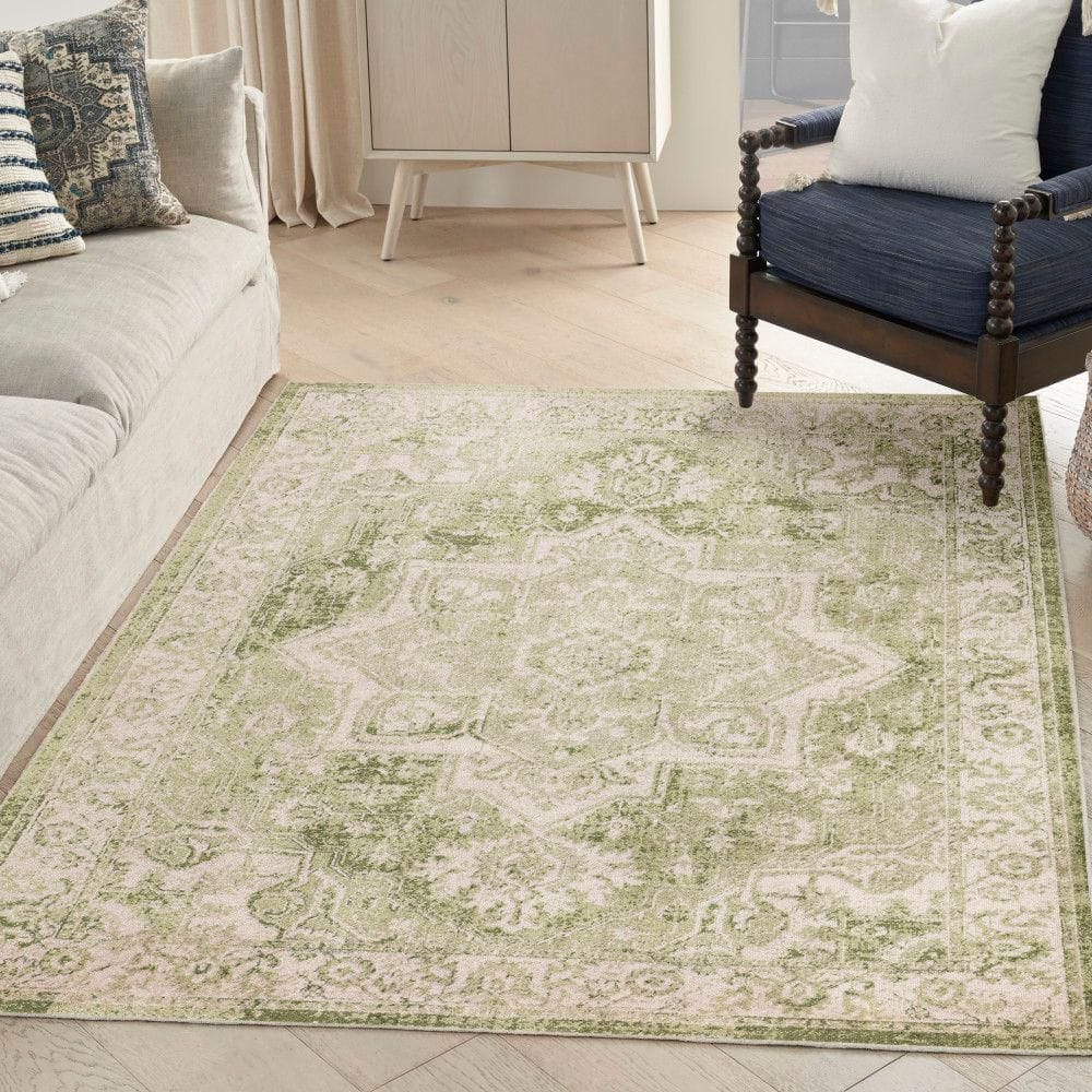 Astra Machine Washable Ivory Green 5 ft. x 7 ft. Center medallion Traditional Area Rug - Hercitys