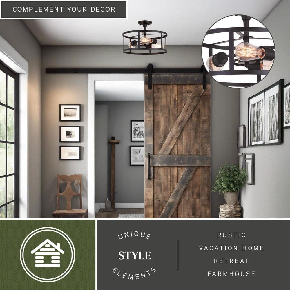 Akron 15-in W Bronze Farmhouse Round Cage Semi Flush Mount Ceiling Light - Hercitys
