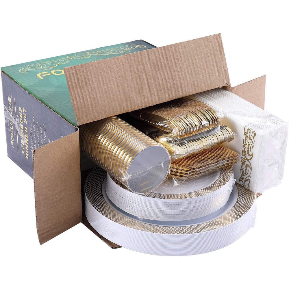 Gold Disposable Plastic Dinnerware Set for 25-Guests (175-Pieces) - Hercitys