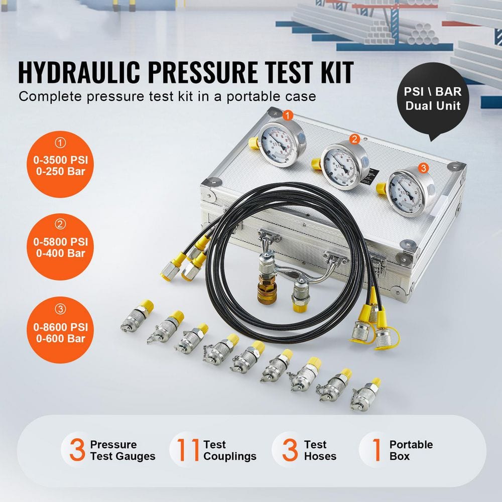 Hydraulic Pressure Test Kit, 250/400/600bar, 3 Gauges 11 Test Couplings 3 Test Hoses, Excavator Hydraulic Test Gauge Set - Hercitys