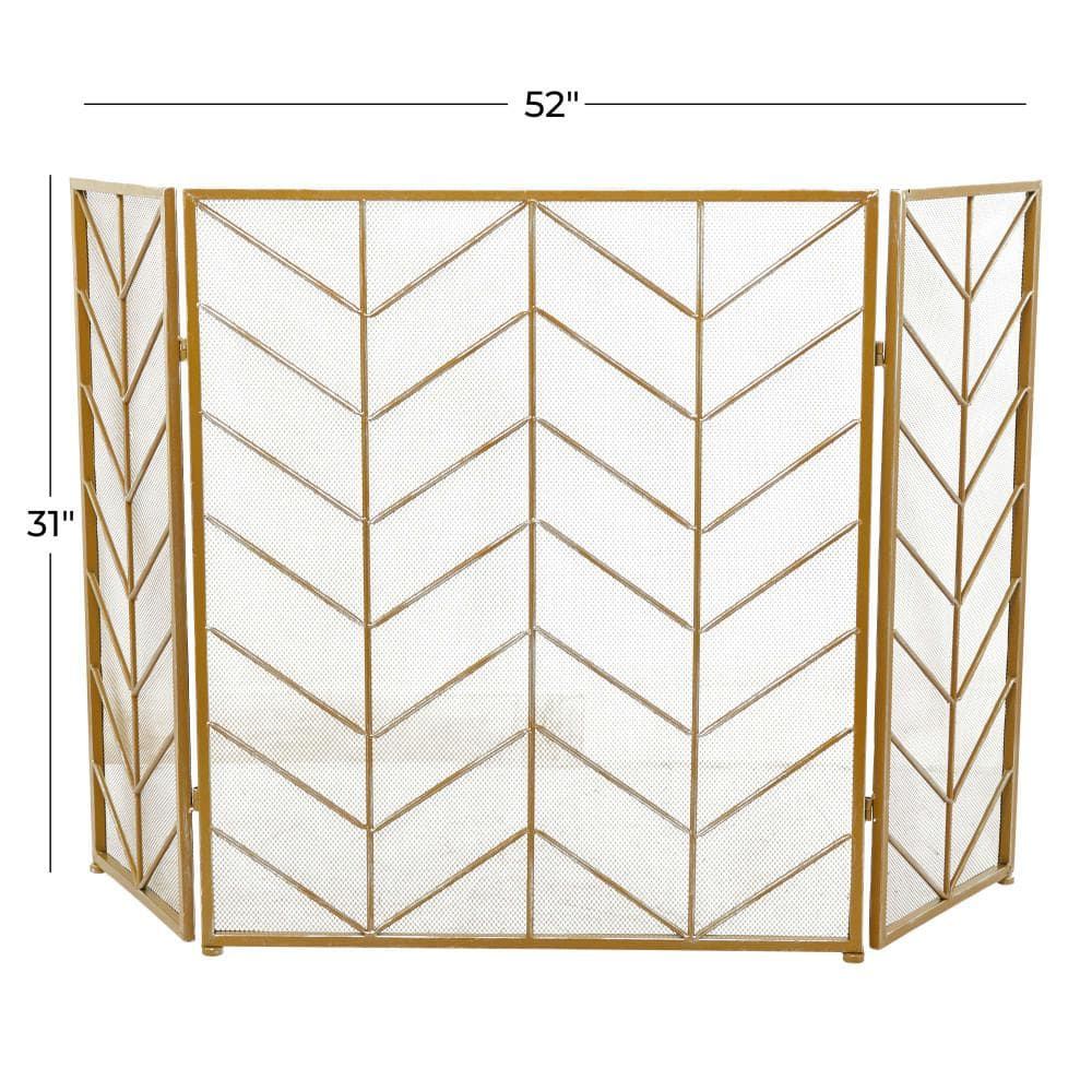 Gold Metal 52 in. W Foldable Mesh Netting 3 Panel Geometric Fireplace Screen with Chevron Pattern - Hercitys