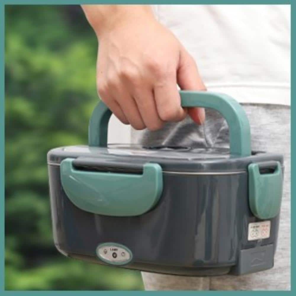 Portable Electric Lunch Box Stainless Steel Food Storage Container with Lids Fork & Spoon & Insulated Carry Bag in Green - Hercitys