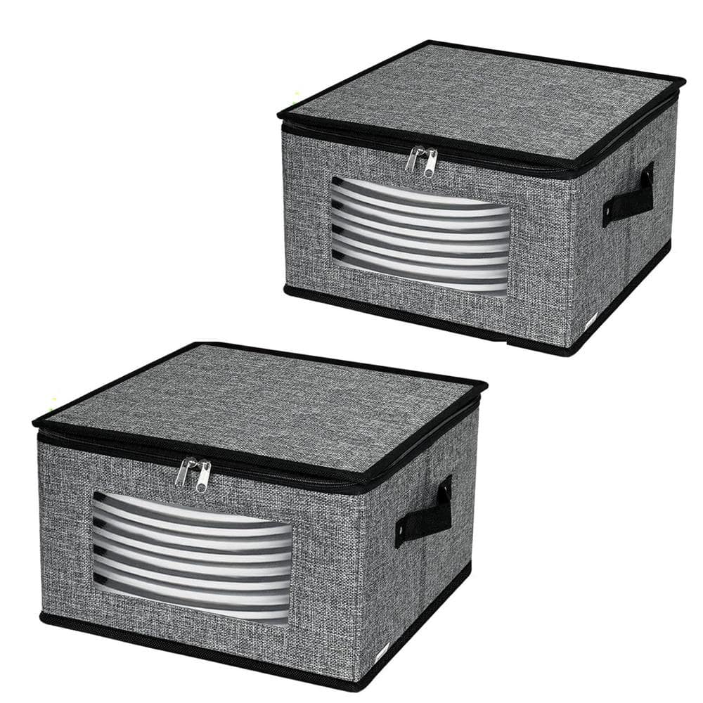 Dark Grey Fabric 12 in. Dinner Plate Dish Storage Stemware Organizer, Hard Shell Quilted with Lids and Felt Protectors - Hercitys