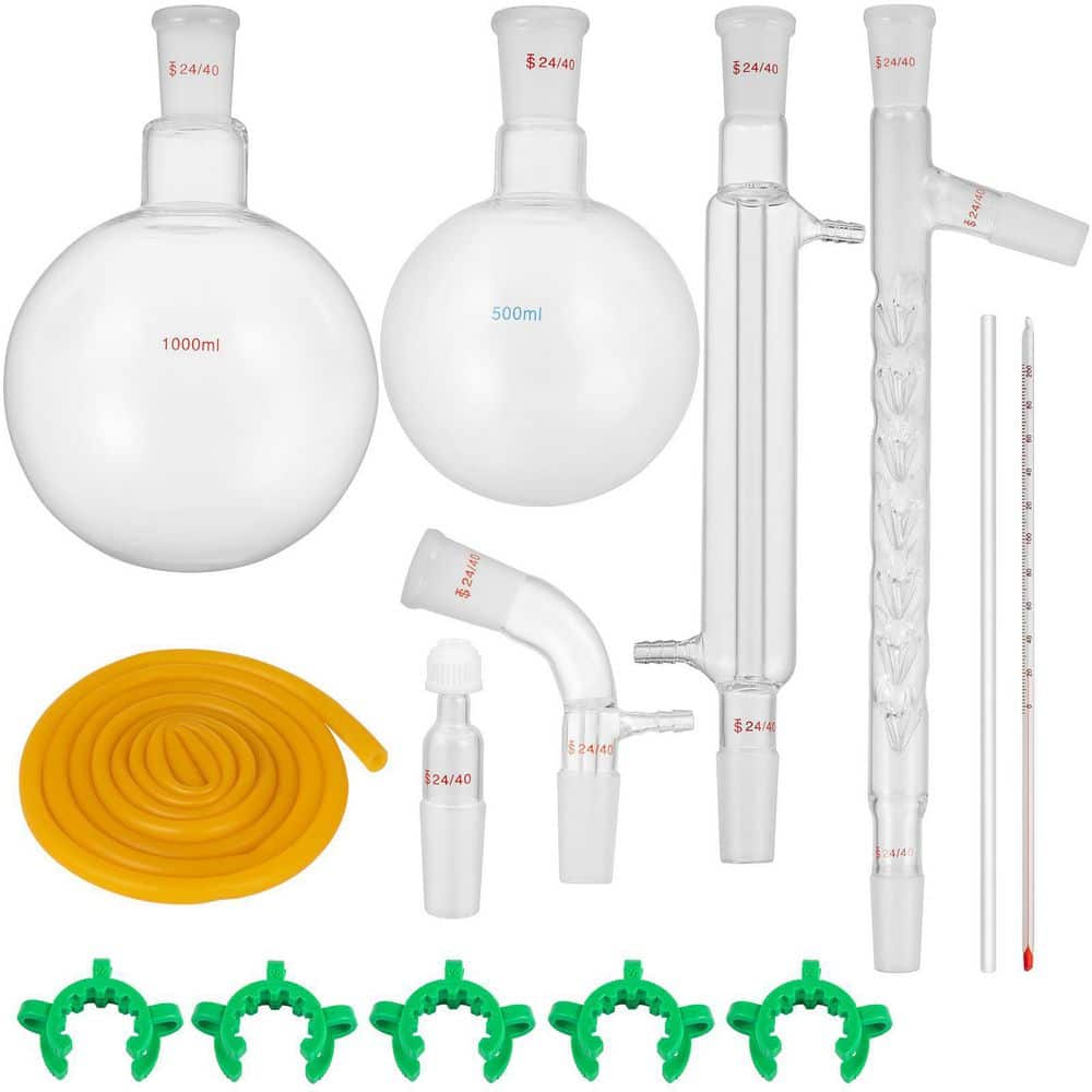 Glass Organic Chemistry Kit 13-Piece Distillation Kit 24/40 Joints Lab Glassware Kit with 36 oz. Round Bottom Flask - Hercitys