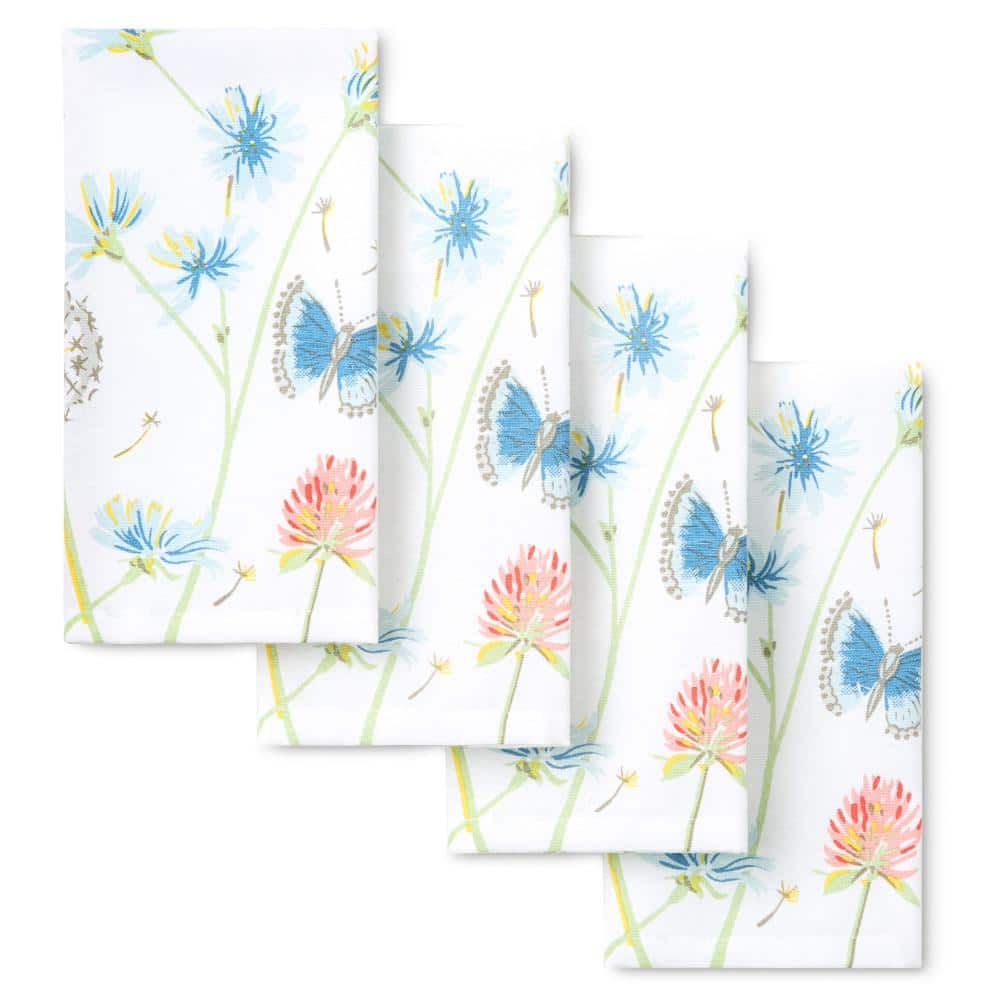 Breezy Floral Cotton-Rich 19 in. x 19 in. White/Blue/Pink Napkins Set (4-Pack) - Hercitys