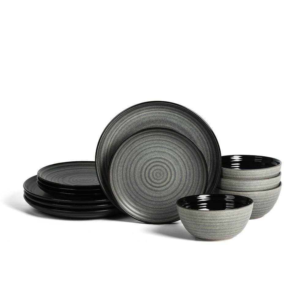 Dua 12-Piece Black Stoneware Full Set (Service for 4) - Hercitys