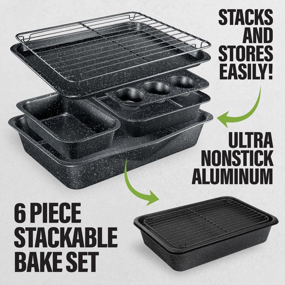 StackMaster 6-Piece Carbon Steel Diamond Infused Nonstick Space Saving Stackable Bakeware Set - Hercitys