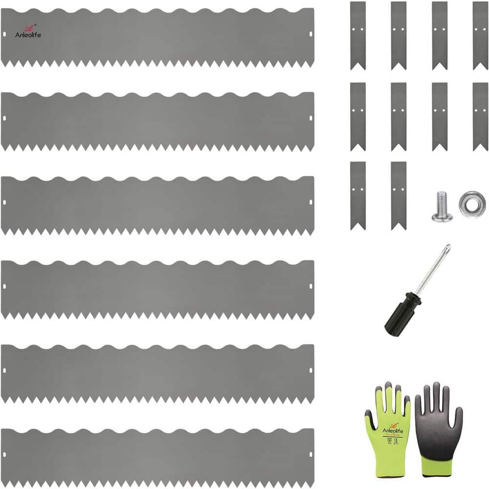 6 Pack 40 in. L x 8 in. H Quartz Grey Steel Garden Landscape Edging, Lawn Border with Gloves and 10 Stakes(Wavy Edge) - Hercitys
