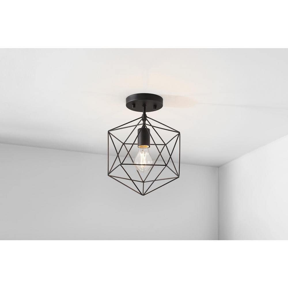 Winfield 9.5 in. 1-Light Black Semi-Flush Mount Ceiling Light Fixture with Geometric Cage - Hercitys