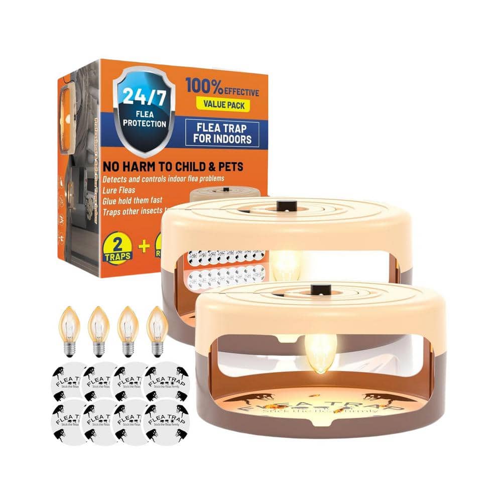 Modern Indoor Flea Traps with 8 Sticky Disc & 4 Bulbs & 2 Electric Wires, Flea Killer Bed Bug Trap Pest Control (2-Pack) - Hercitys