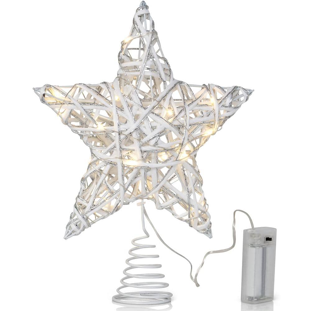 Christmas Rattan Tree Topper – White and Silver Xmas Rustic Star LED Light Up Tree Topper Ornament Decoration - Hercitys