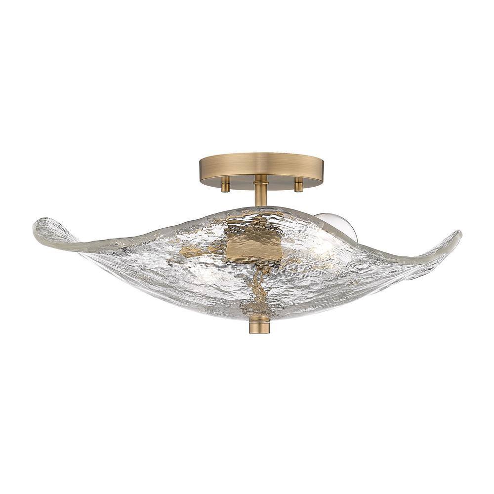 Samara 15.375 in. 2-Light Modern Brass and Hammered Water Glass Semi-Flush Mount - Hercitys