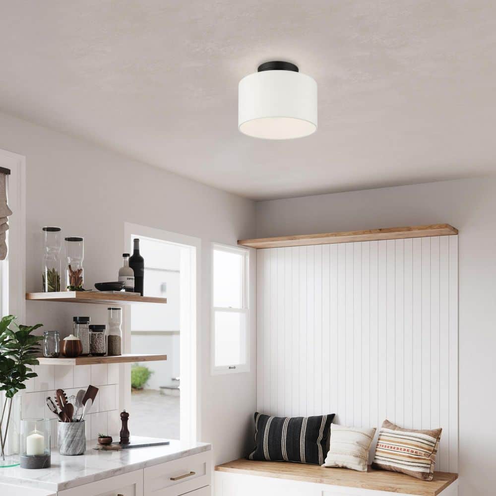 Mercury 10 in. 1-Light Black Semi Flush Mount with Off-White Fabric Shade - Hercitys