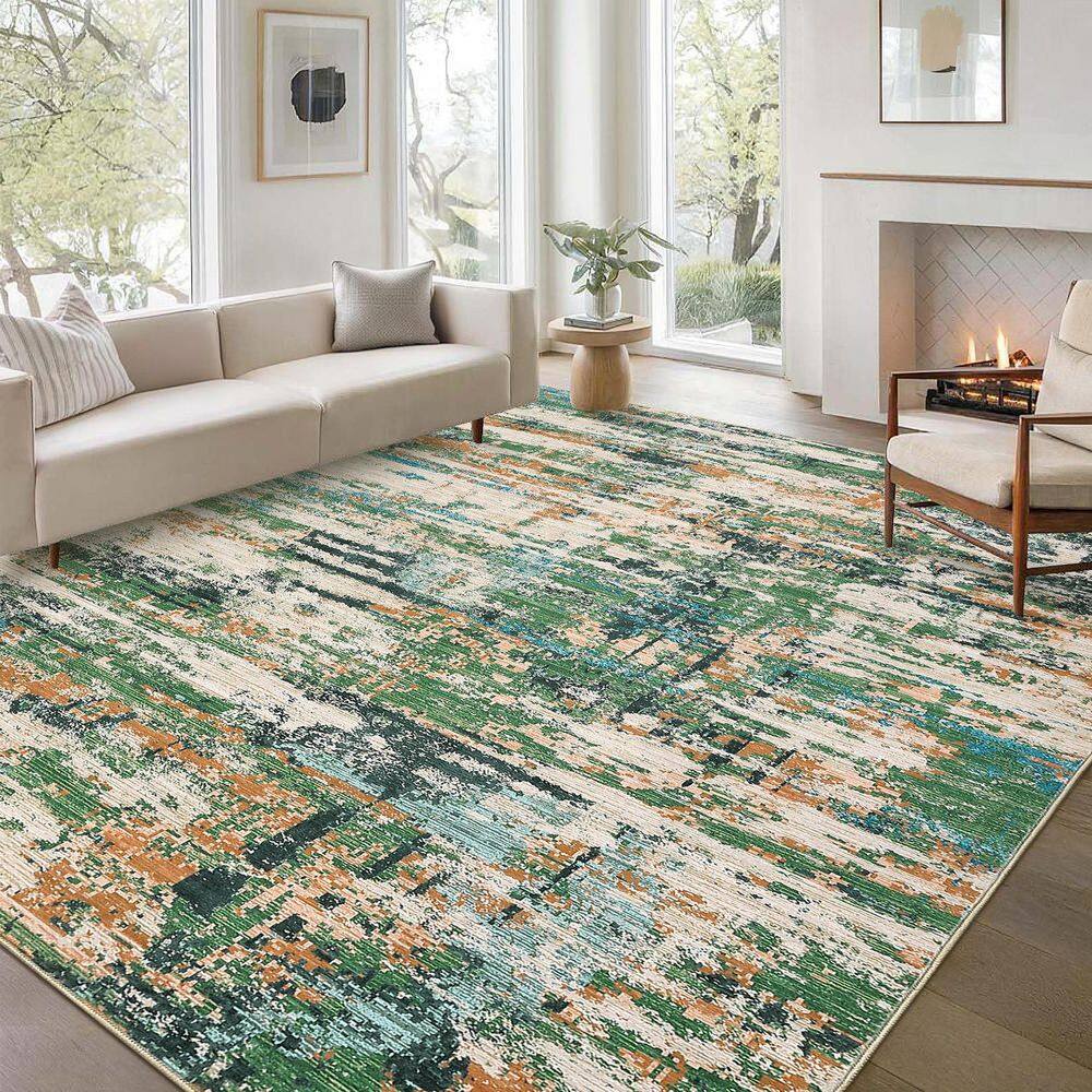 Modern Abstract Low Pile Soft Thin Carpet Washable for Bedroom Living Room Laundry Office Green, 9 ft. x 12 ft. Area Rug - Hercitys