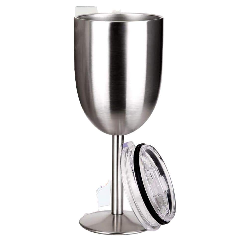 Double Walled 10 oz. Insulated Silver Stainless Steel Wine Tumbler with Lid (Set of 2) - Hercitys
