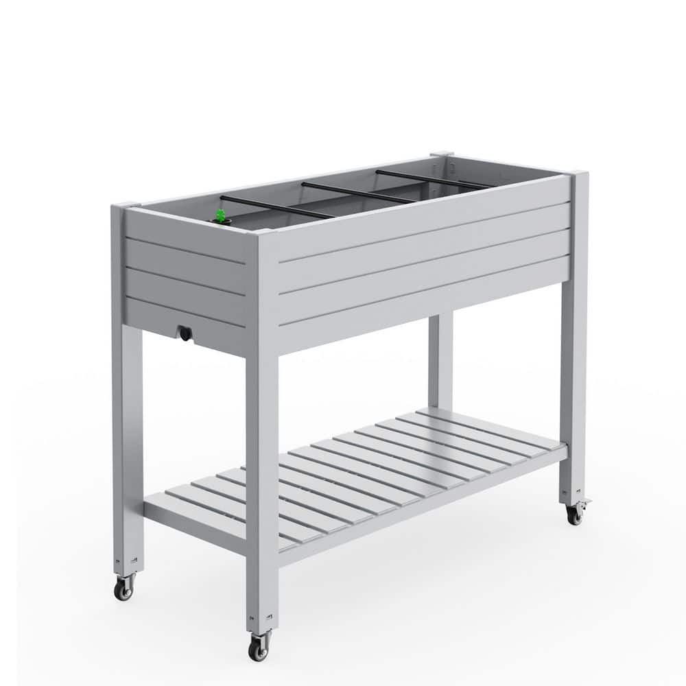 White Wood Rectangles Outdoor Mobile Raised Garden Bed with Wheels-Includes Built-in Water Storage and Planting Space - Hercitys