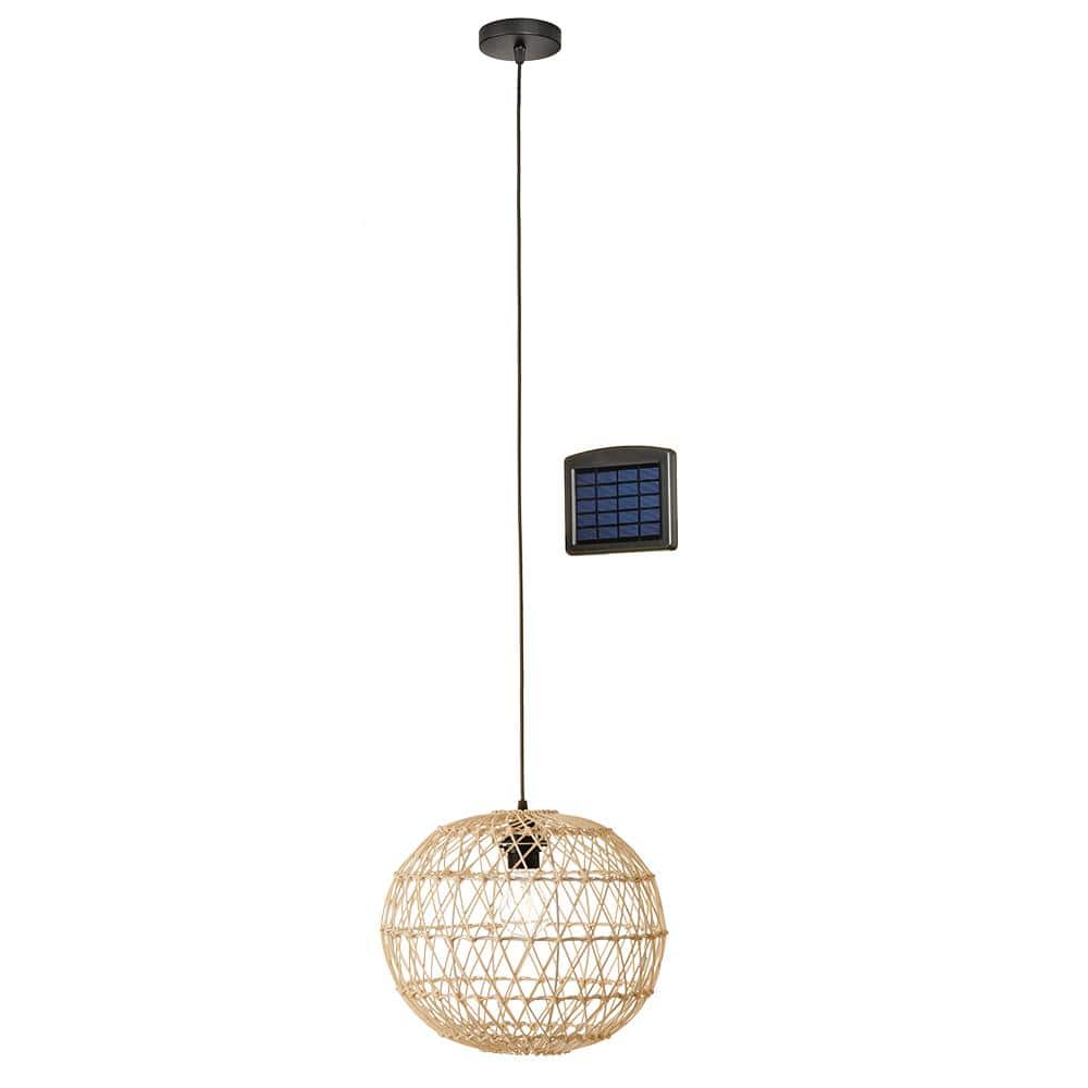 Ashville 1-Light Brown Rattan LED Outdoor Solar Pendant Light with Remote Solar Panel - Hercitys