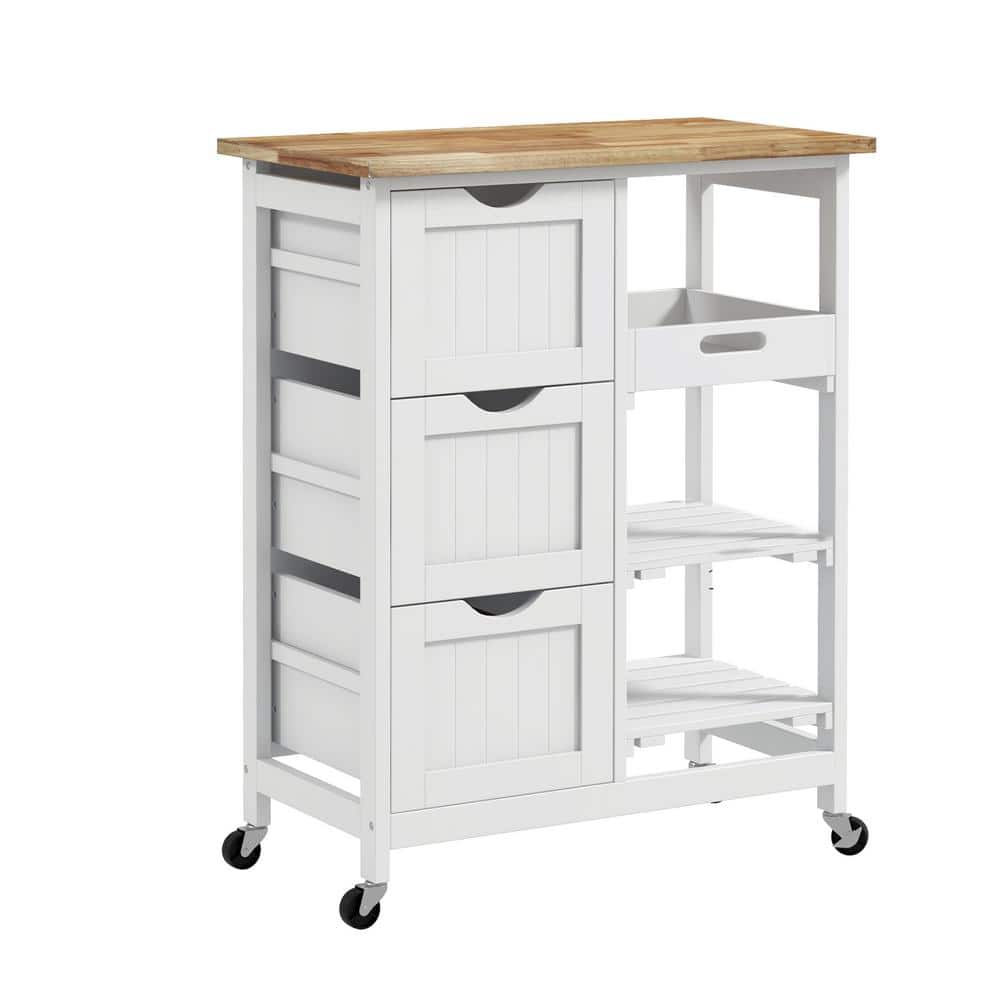White Wood 26.5 in. Kitchen Island with 3-Drawers, 2-slatted shelves, and a serving tray - Hercitys