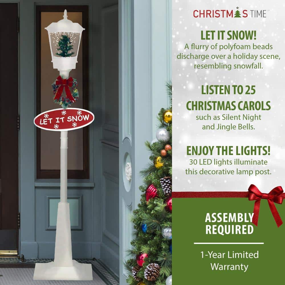 71 in. Christmas Musical Snowy Street Lamp with Christmas Tree Scene, 2 Signs, Cascading Snow and Holiday Songs - Hercitys
