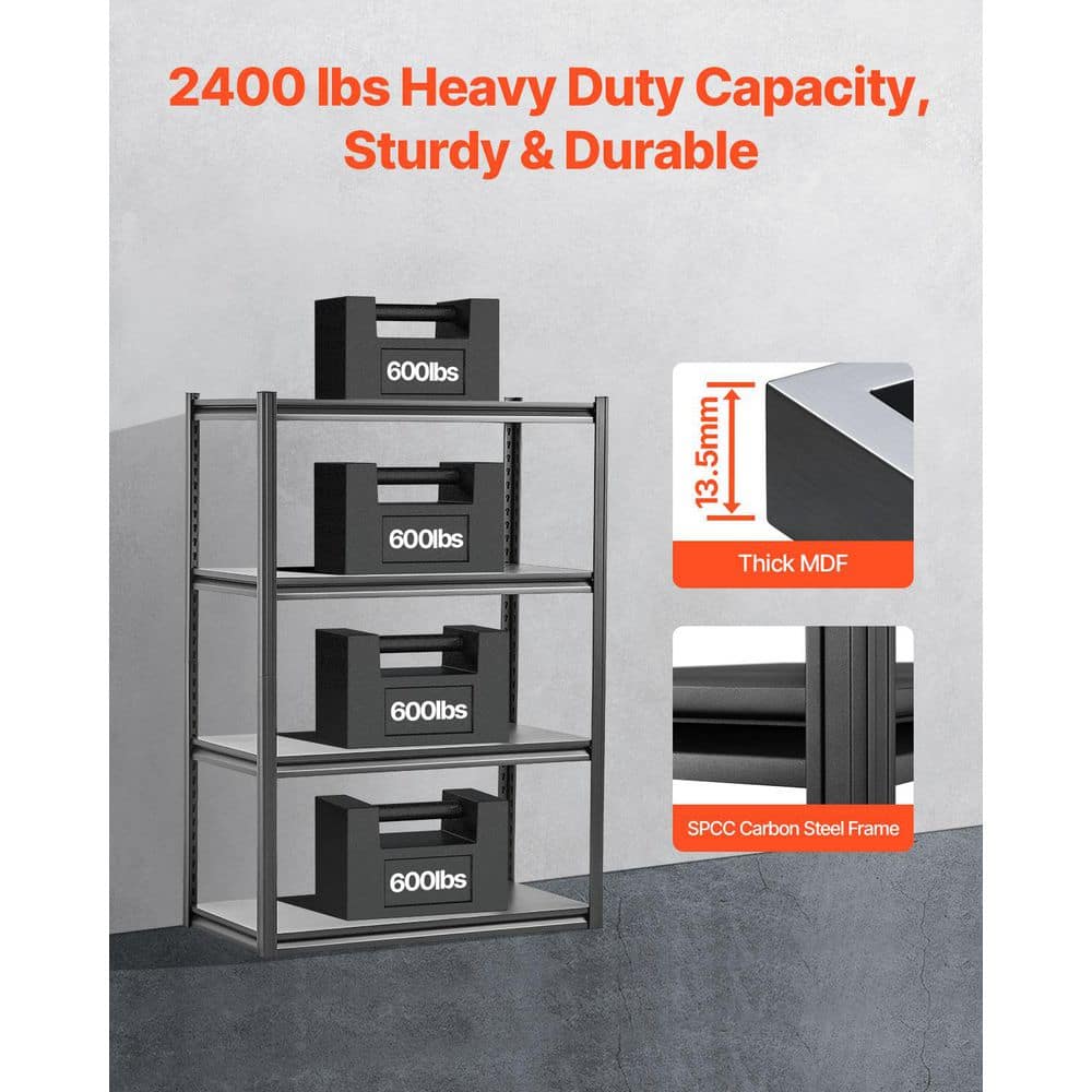 Steel Storage Shelves, 2400 lbs., 4 Tier Garage Storage Shelving, 20in. D x 40in. W x 57in. H Adjustable Black Shelves - Hercitys