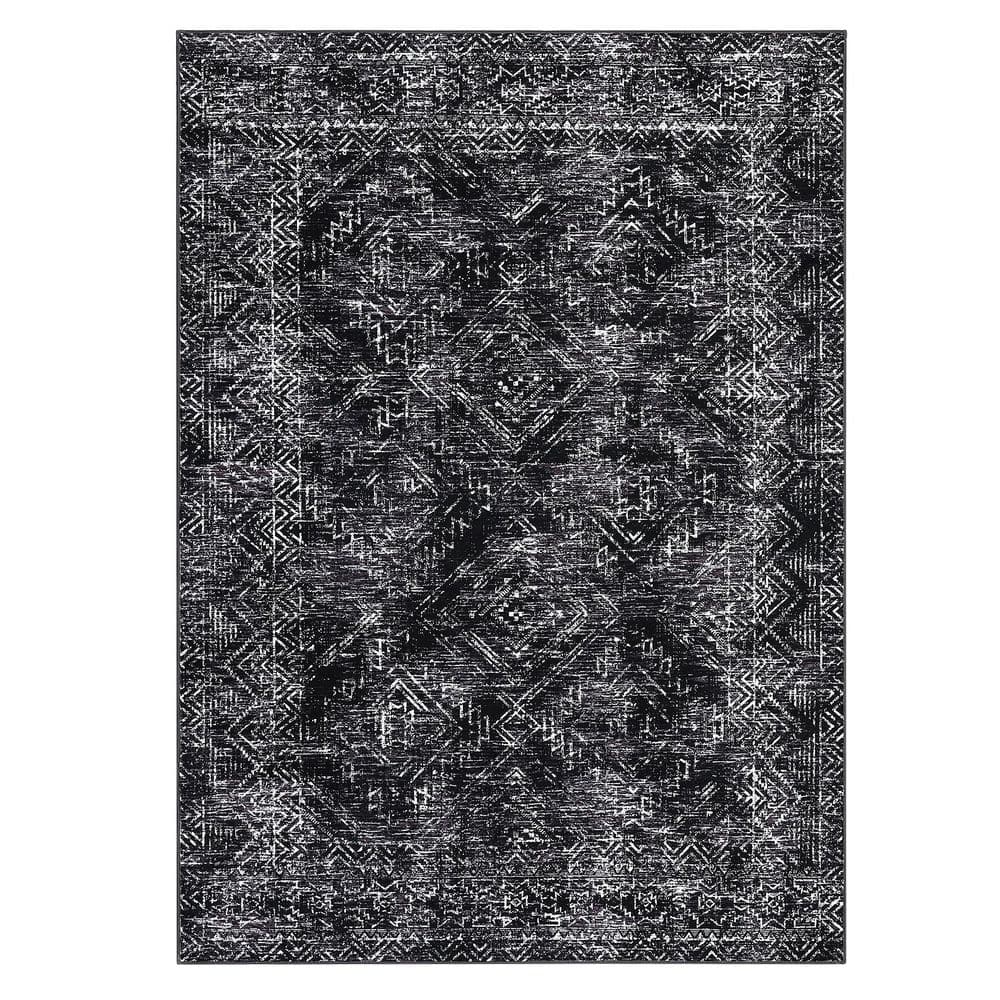 Black 9 ft. x 12 ft. Washable Vintage Distressed Bohemian Style Polyester Area Rug - Hercitys