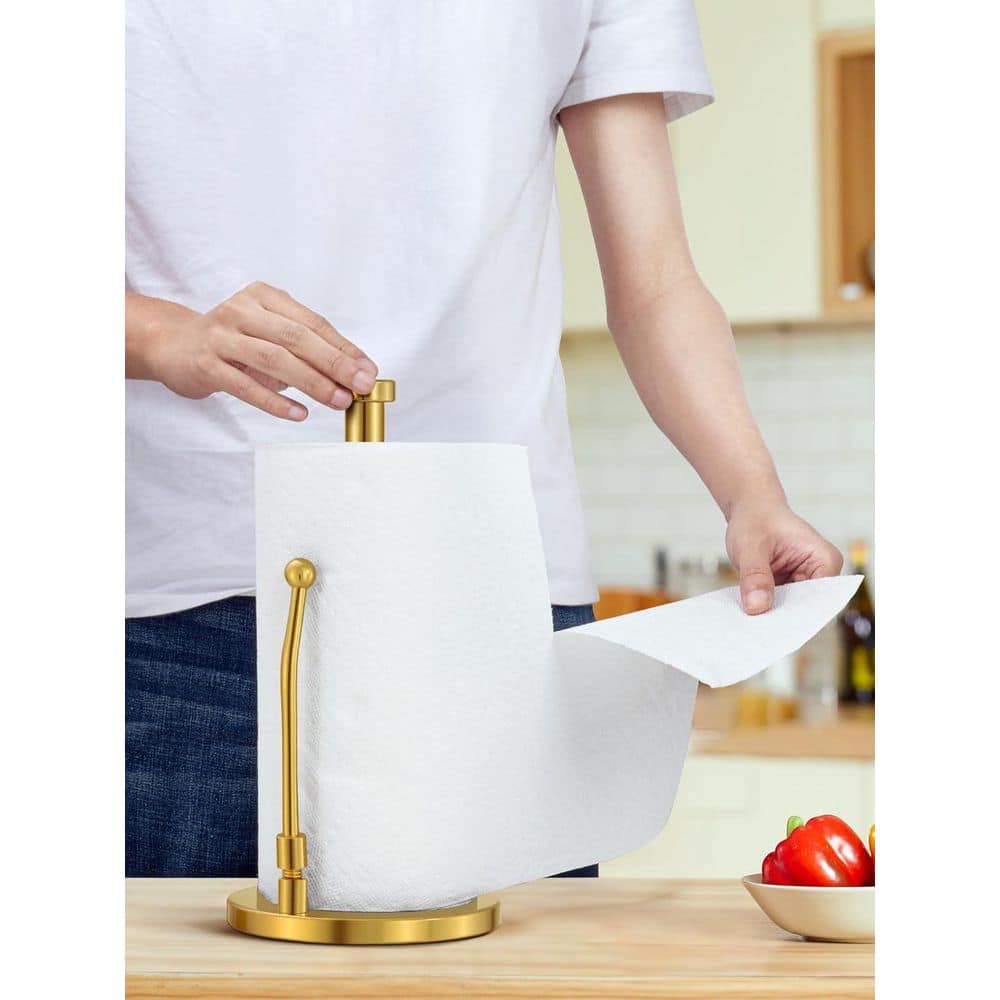 Paper Towel Dispenser Standing Weighted Base Non Slip, Stainless Steel Kitchen Roll Stand for Home Kitchen in gold - Hercitys