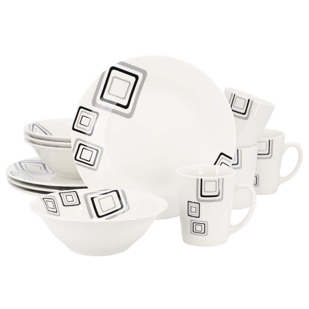 Black Squares 12-Piece Round Fine Ceramic Dinnerware Set in White - Hercitys