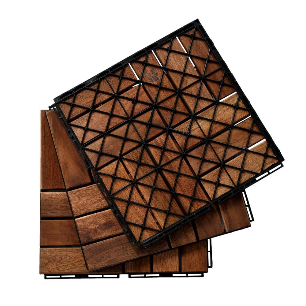 Brown 12 in. x 0.74 in. Interlocking Deck Tiles; Solid Hardwood Flooring - Hercitys