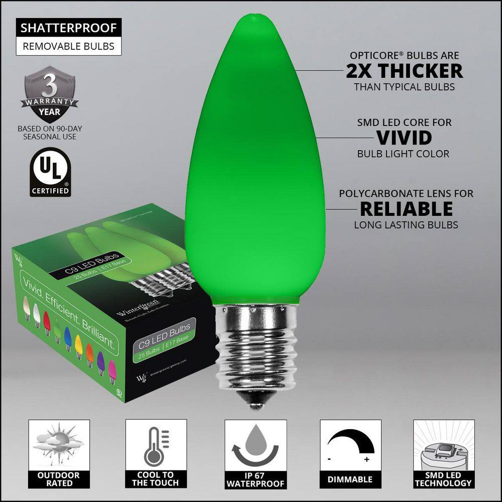 OptiCore C9 LED Green Smooth/Opaque Shatter-Resistant Christmas Light Bulbs (25-Pack) - Hercitys