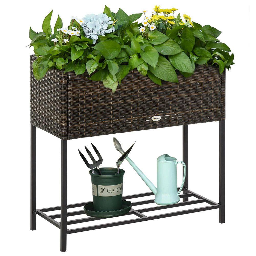 Raised Garden Bed, Elevated Planter Box with Rattan Wicker Look, Tool Storage Shelf, - Hercitys