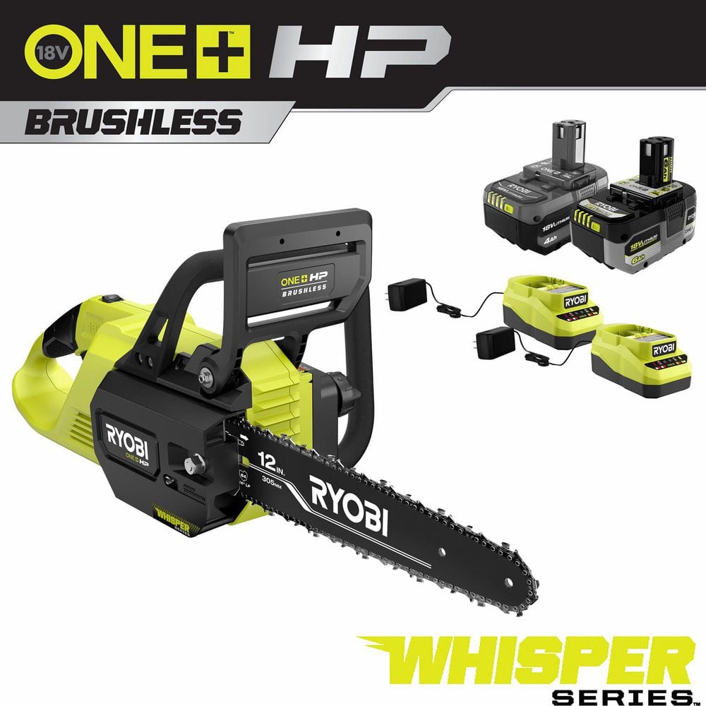 ONE+ HP 18V Brushless Whisper Series 12 in. Battery Chainsaw w/ 6.0 Ah Battery, 4.0 Ah Battery, & (2) Chargers - Hercitys
