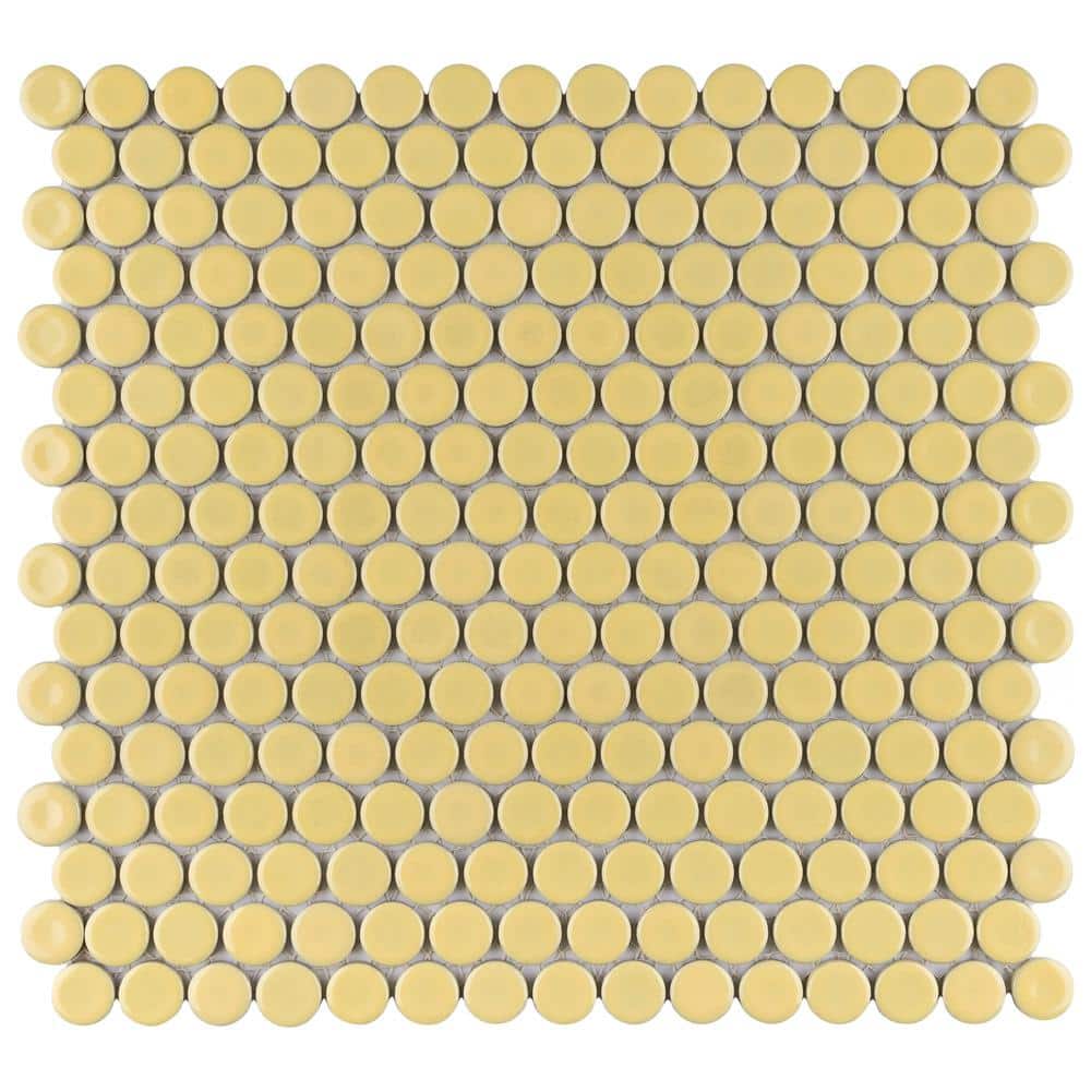 Hudson Penny Round Vintage Yellow 12 in. x 12-5/8 in. Porcelain Mosaic Tile (10.7 sq. ft./Case) - Hercitys