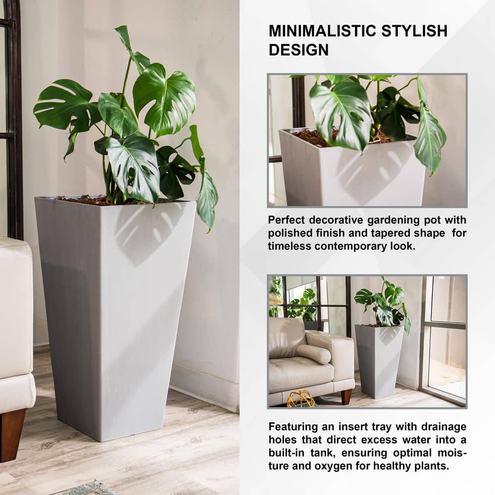 Modern 28 in. Gray Square Planter (Set of 2) Tapered Plastic Design for Indoor & Outdoor Use, Perfect for Patio Decor - Hercitys