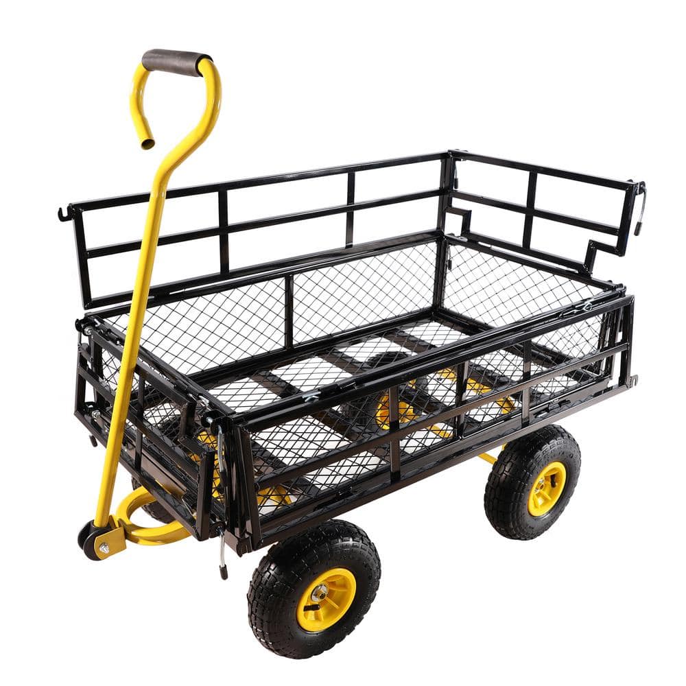 6.33 cu. ft. Yellow Black Metal Garden Cart with Double Fence and Inflatable Tires - Hercitys