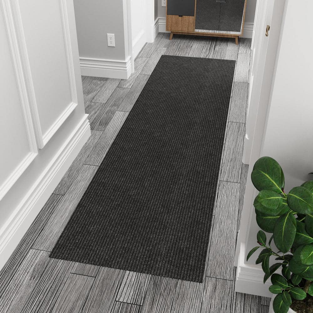 Ribbed Non-Slip Rubberback Indoor/Outdoor Long Hallway Runner Rug 2 ft. 7 in. x 8 ft., Black Polyester Garage Flooring - Hercitys