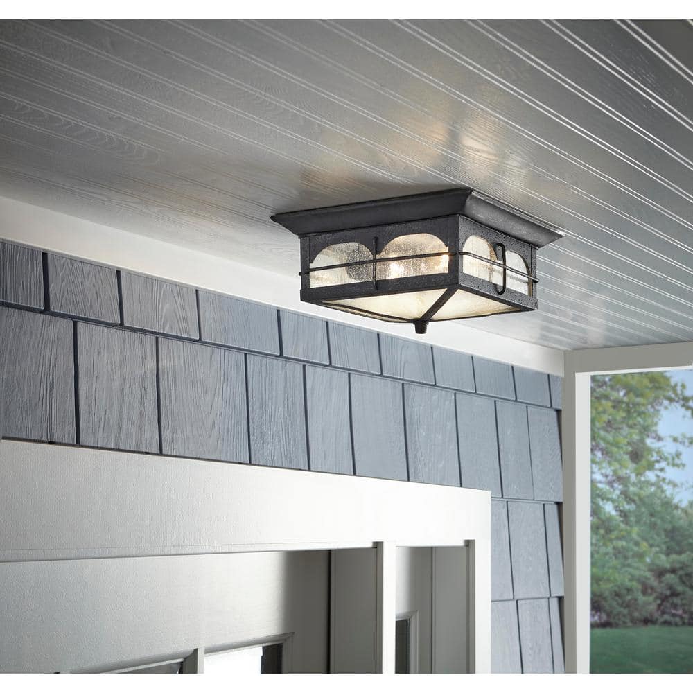 Brimfield 11 in. 2 Light Aged Iron Outdoor Weather Resistant Flush Mount Ceiling Light with Clear Seedy Glass Shade - Hercitys