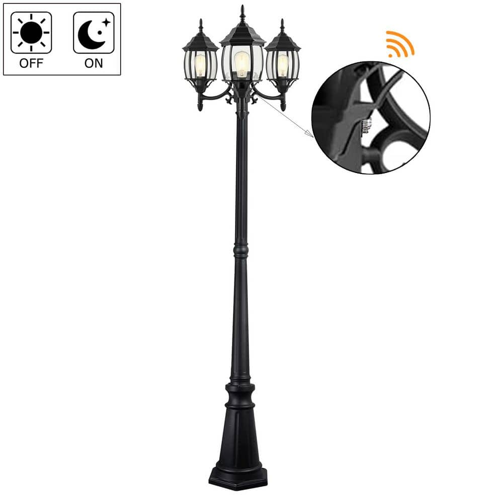 85.43 in. 3-Light Matte Black Metal Hardwired Rust Resistant Post Light Set with No bulb Included and Dusk to Dawn - Hercitys