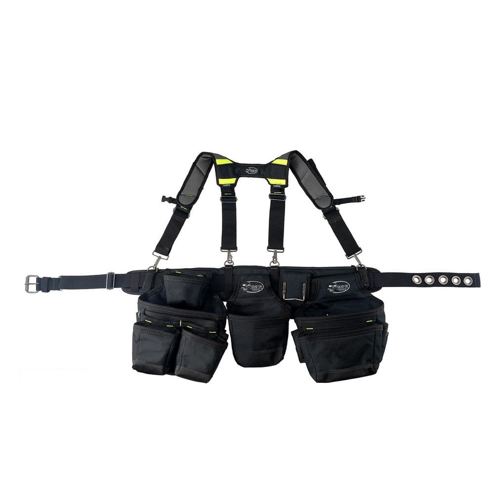 Professional Framers Work Tool Belt Tool Storage Suspension Rig with LoadBear Suspenders and 3 Tool Pouches in Black - Hercitys