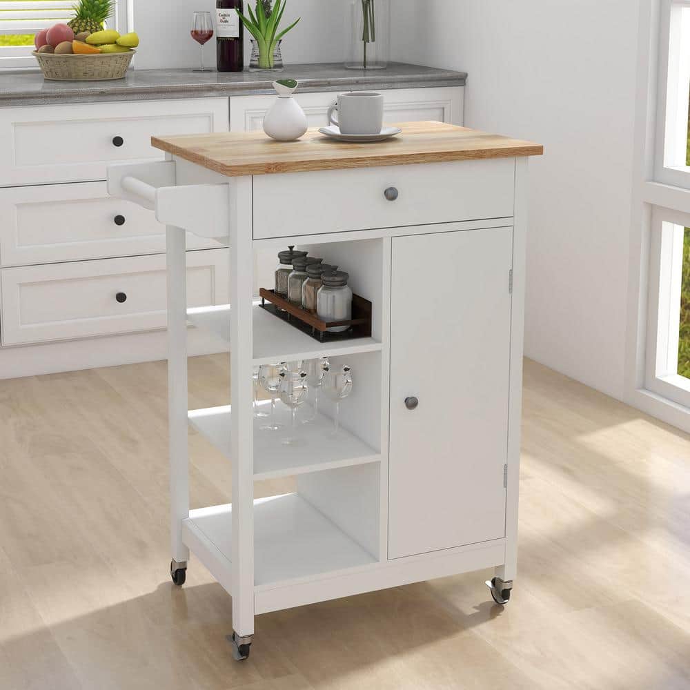 White Rolling Rubber Wood Tabletop 26 in. Kitchen Island with Drawers - Hercitys